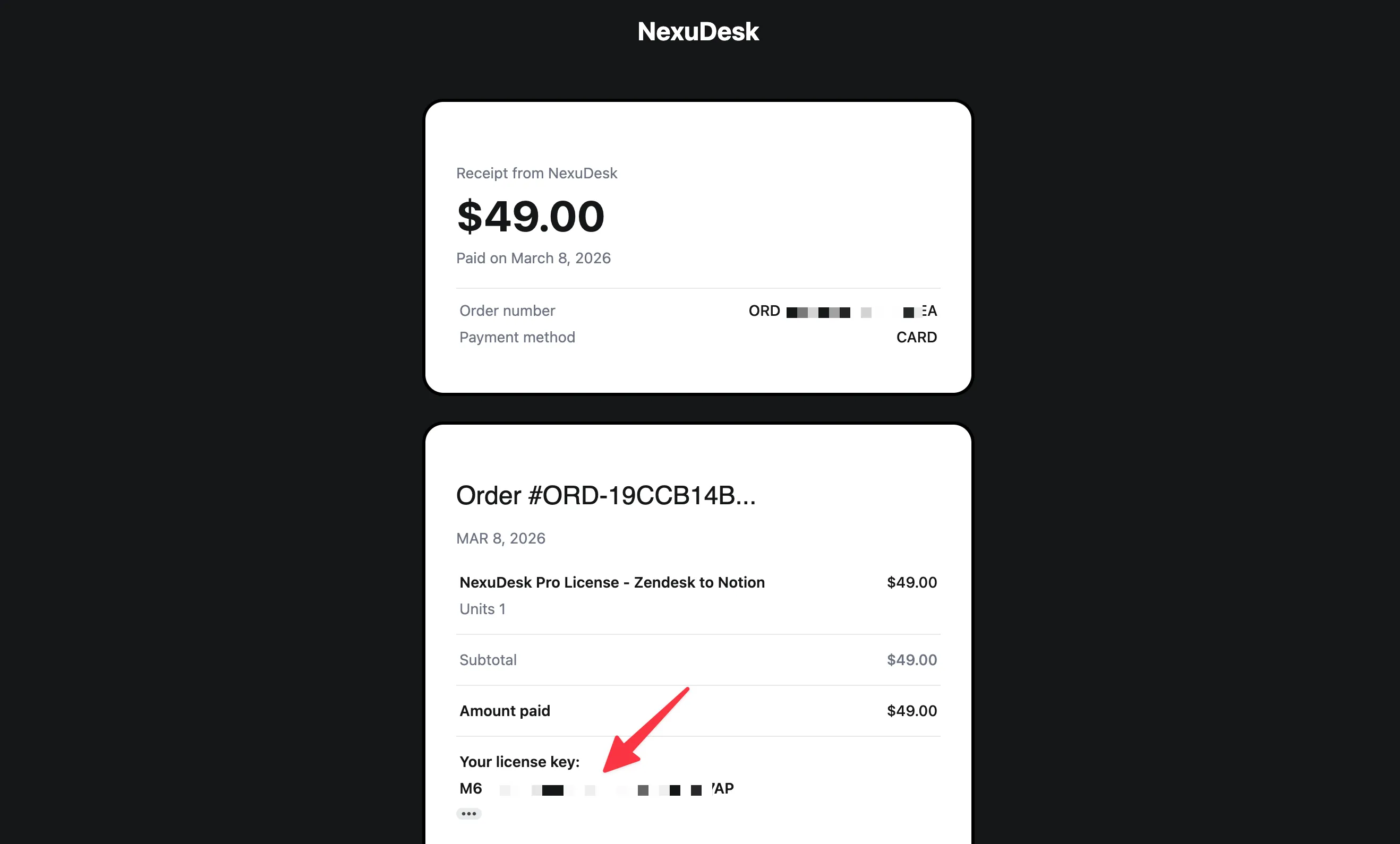 Purchase confirmation email showing the Zendesk to Notion license key