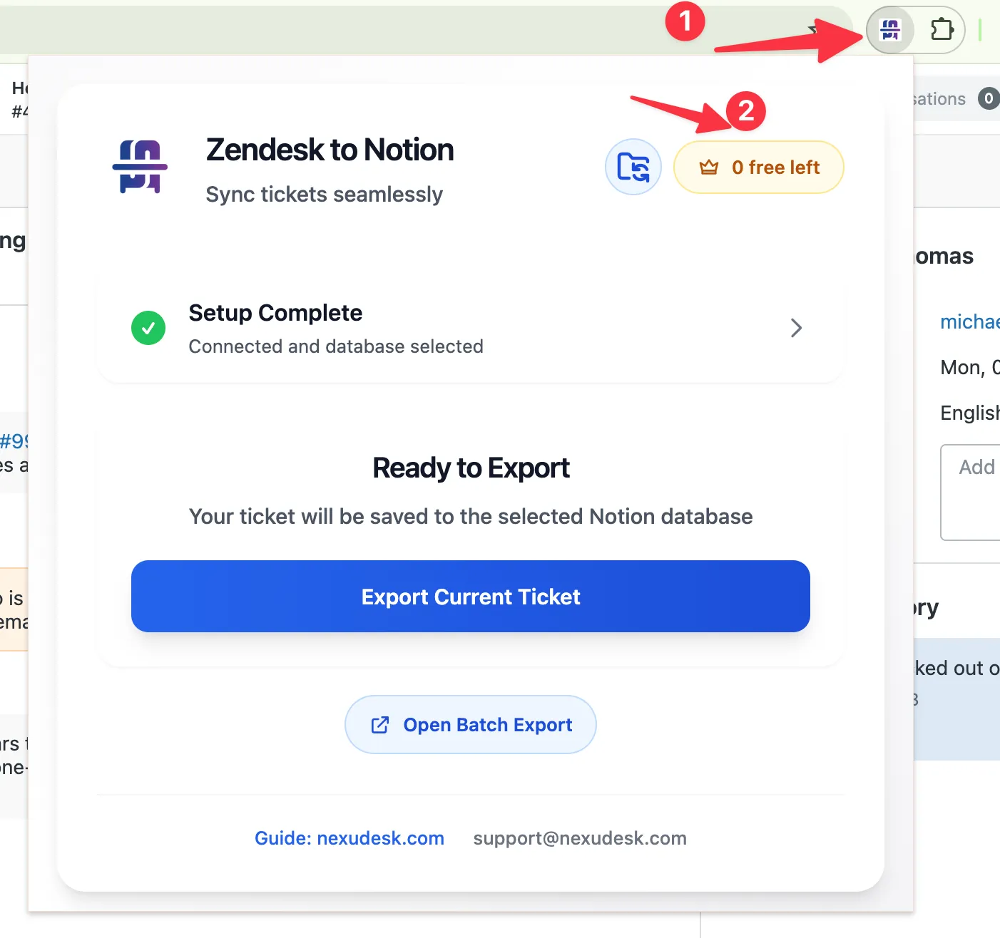 Zendesk to Notion extension popup opened from the browser toolbar
