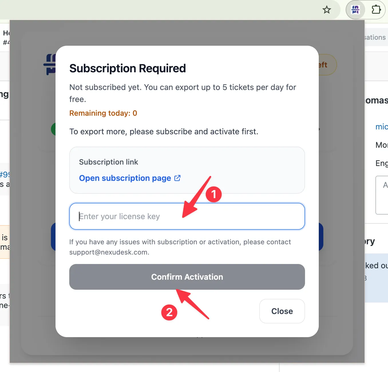 Activation form inside the Zendesk to Notion extension